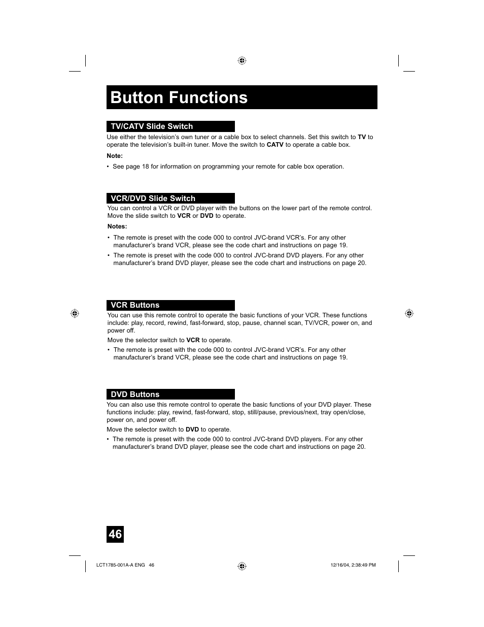 Button functions | JVC AV 20F476 User Manual | Page 46 / 52