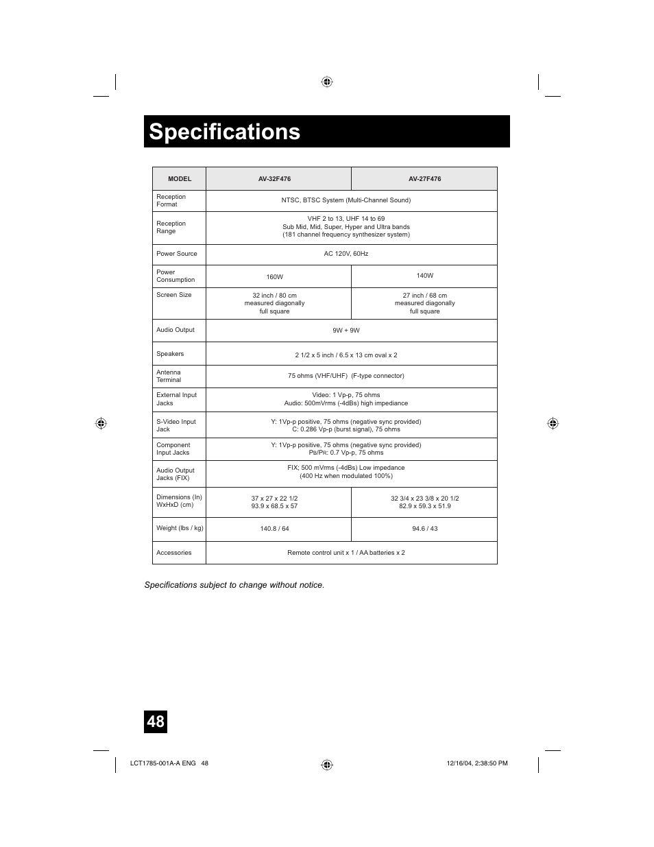 Specifications | JVC AV 20F476 User Manual | Page 48 / 52