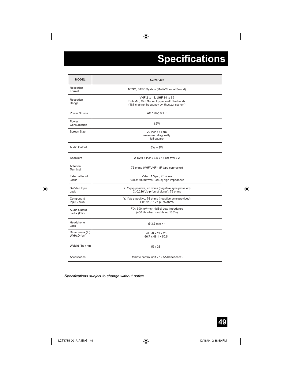 Specifications | JVC AV 20F476 User Manual | Page 49 / 52