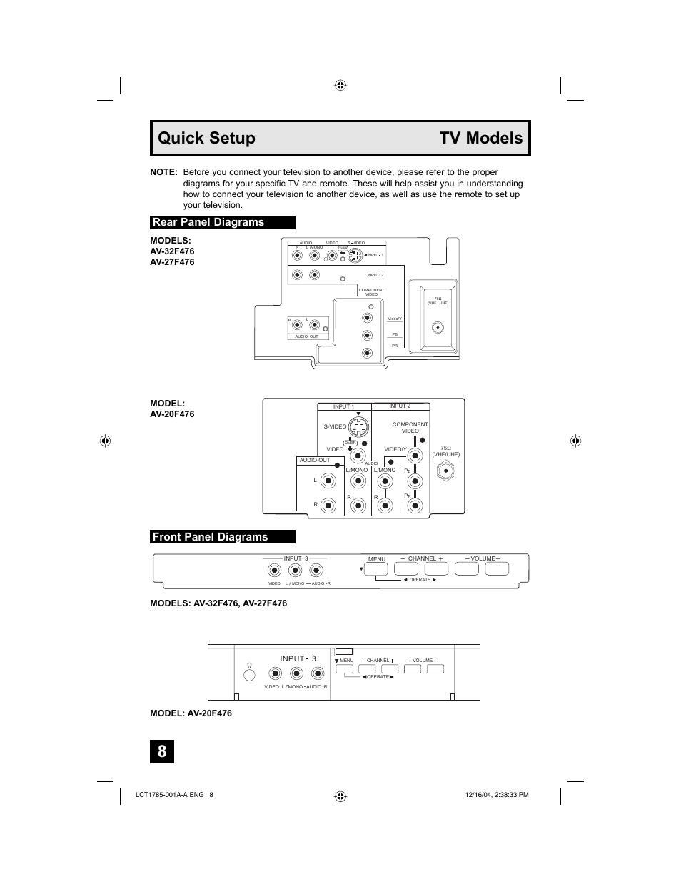 8quick setup tv models, Rear panel diagrams, Front panel diagrams | JVC AV 20F476 User Manual | Page 8 / 52