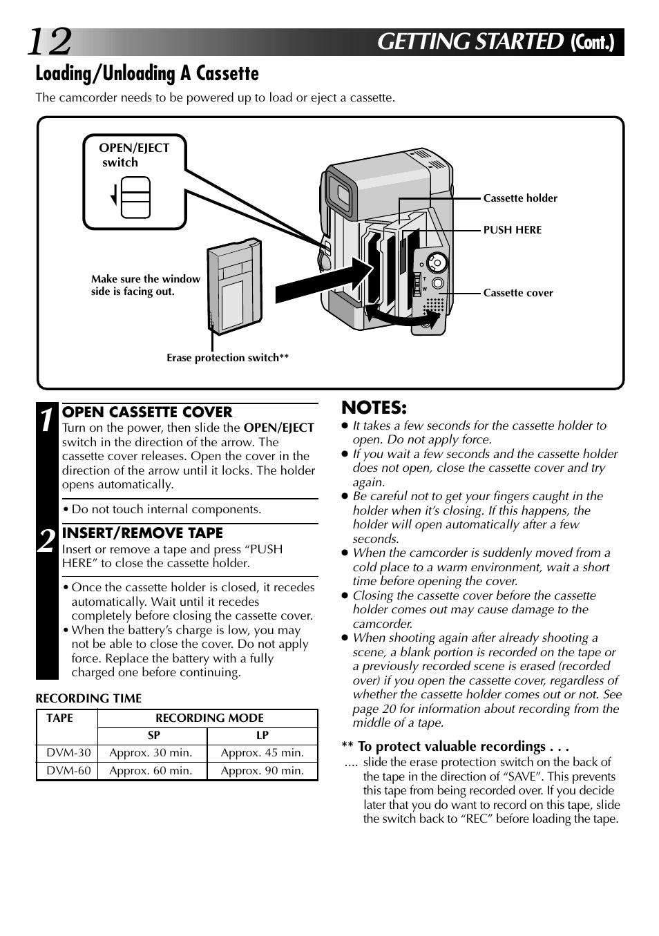 Getting started, Cont.) loading/unloading a cassette | JVC GR-DVX PRO User Manual | Page 12 / 84