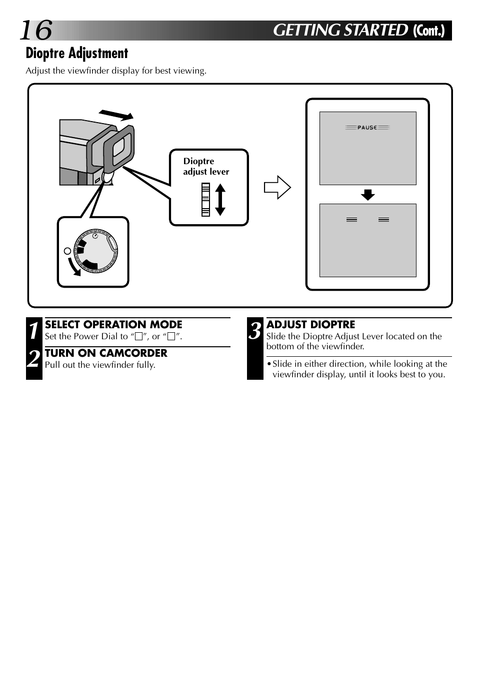 Getting started, Cont.), Dioptre adjustment | JVC GR-DVX PRO User Manual | Page 16 / 84