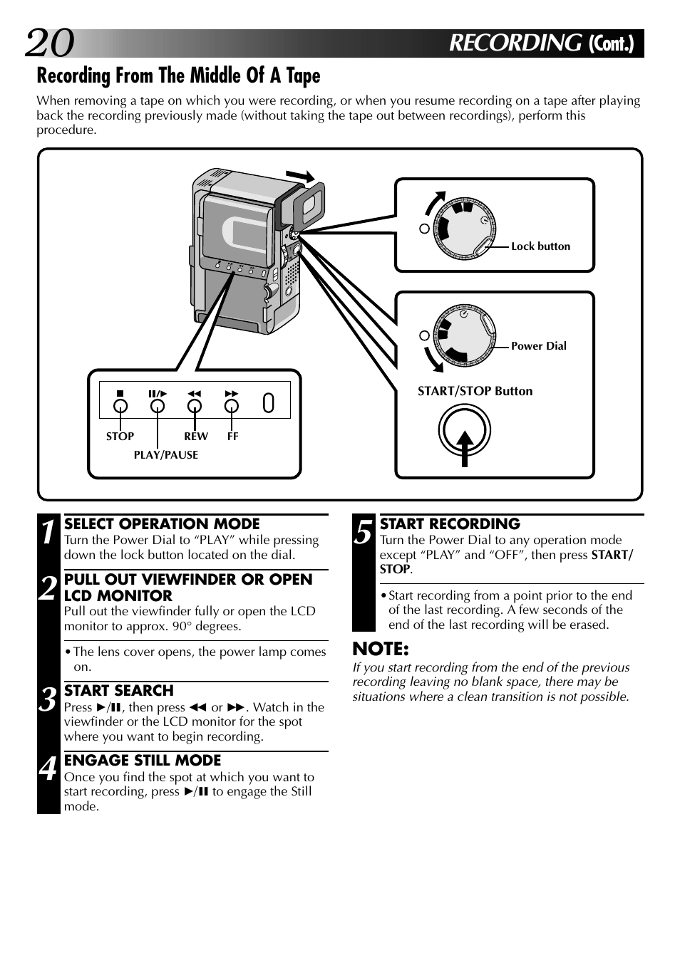 Recording, Recording from the middle of a tape, Cont.) | JVC GR-DVX PRO User Manual | Page 20 / 84