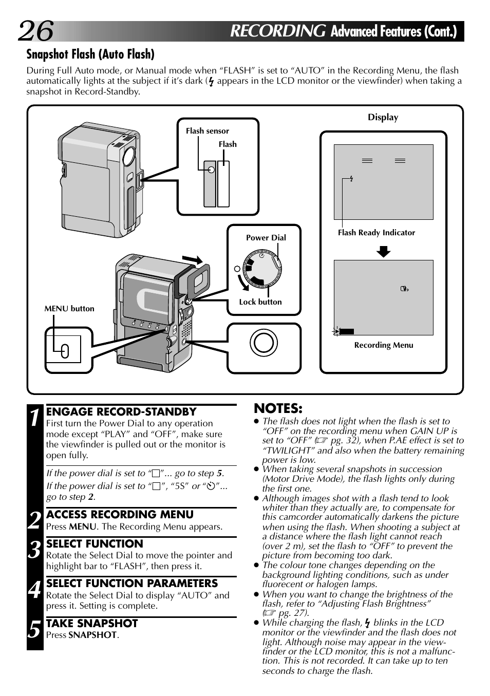 Recording, Advanced features (cont.), Snapshot flash (auto flash) | JVC GR-DVX PRO User Manual | Page 26 / 84