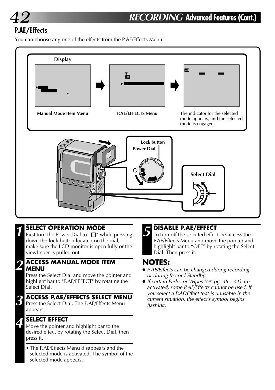 Recording, Advanced features (cont.), P.ae/effects | JVC GR-DVX PRO User Manual | Page 42 / 84