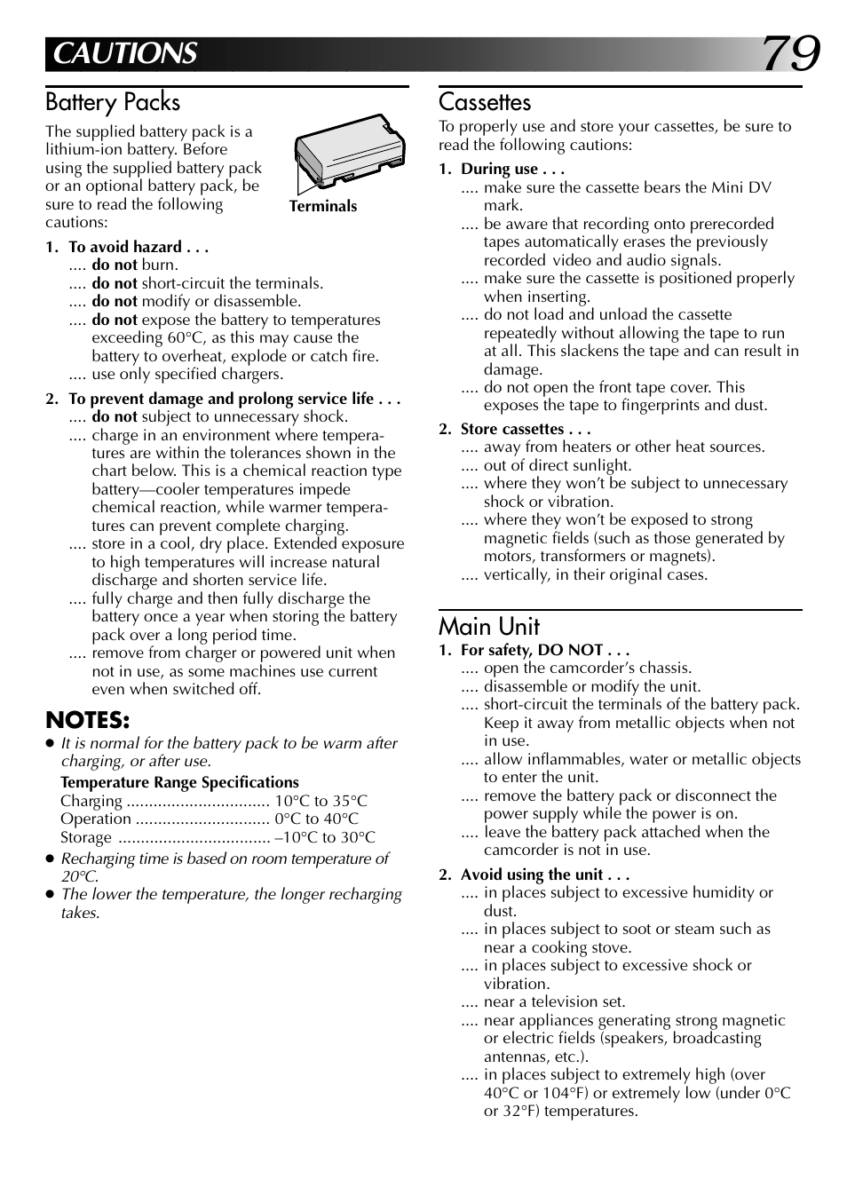 Cautions, Battery packs, Cassettes | Main unit | JVC GR-DVX PRO User Manual | Page 79 / 84