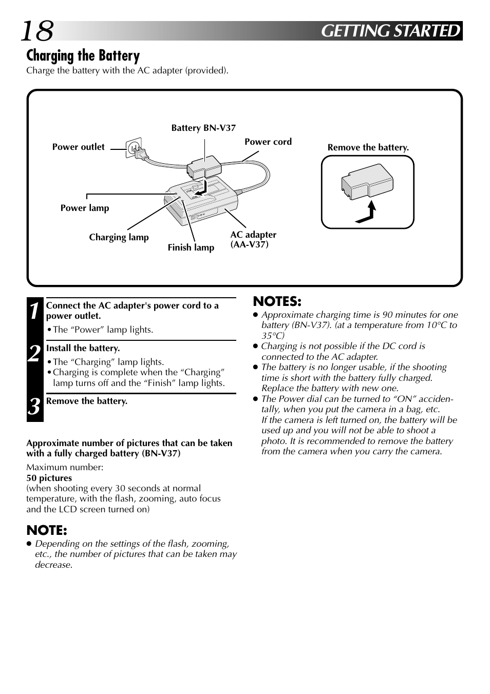 Getting started, Charging the battery | JVC GC X 1 User Manual | Page 18 / 92