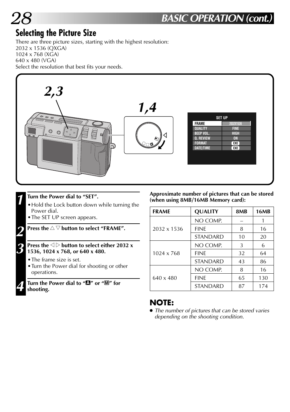 Basic operation (cont.), Selecting the picture size | JVC GC X 1 User Manual | Page 28 / 92