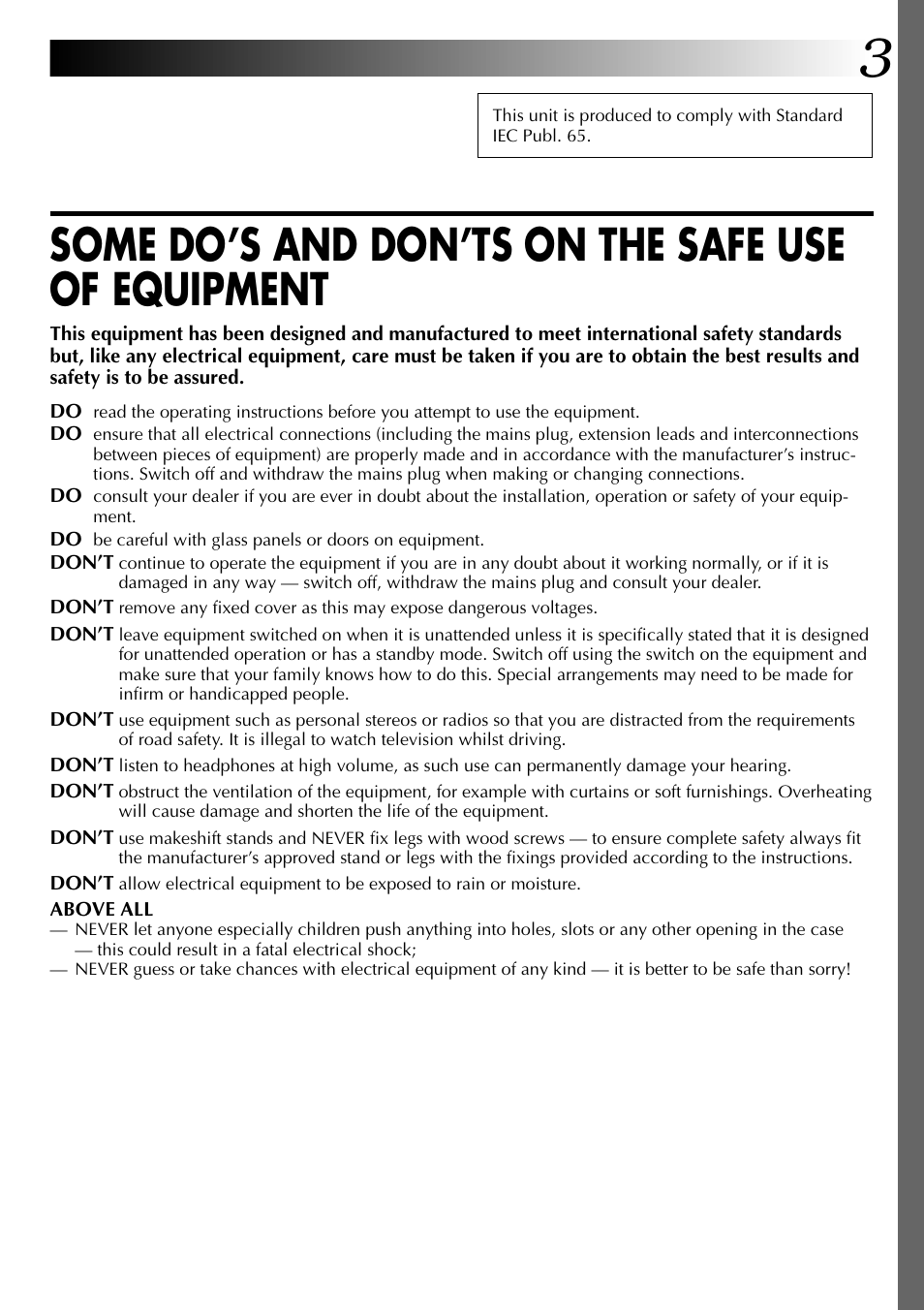 Some do’s and don’ts on the safe use of equipment | JVC GC X 1 User Manual | Page 3 / 92