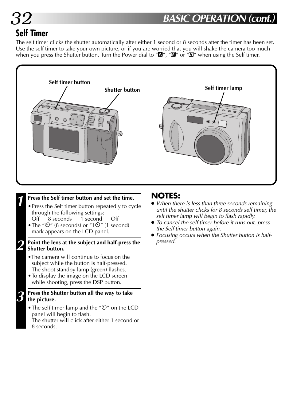 Basic operation (cont.), Self timer | JVC GC X 1 User Manual | Page 32 / 92