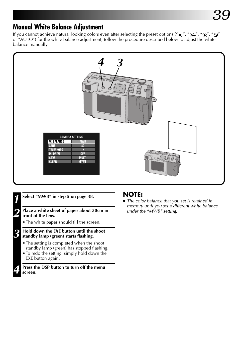 Manual white balance adjustment | JVC GC X 1 User Manual | Page 39 / 92