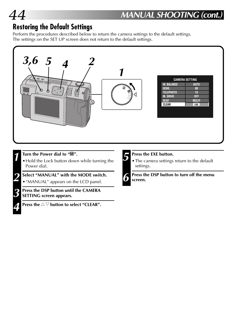 Manual shooting (cont.), Restoring the default settings | JVC GC X 1 User Manual | Page 44 / 92