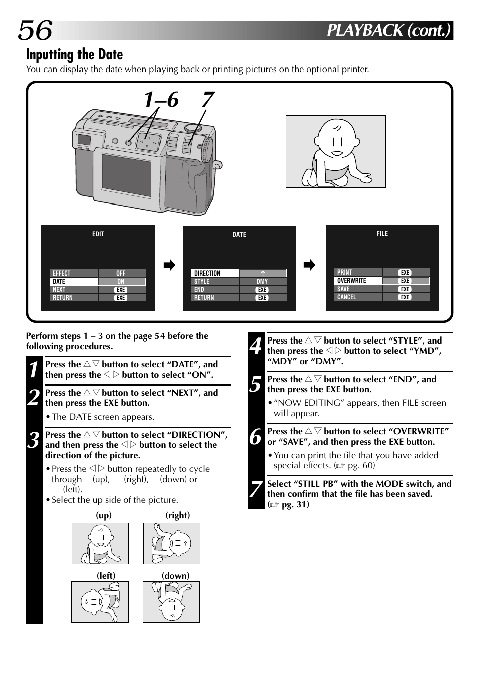 Playback (cont.), Inputting the date | JVC GC X 1 User Manual | Page 56 / 92