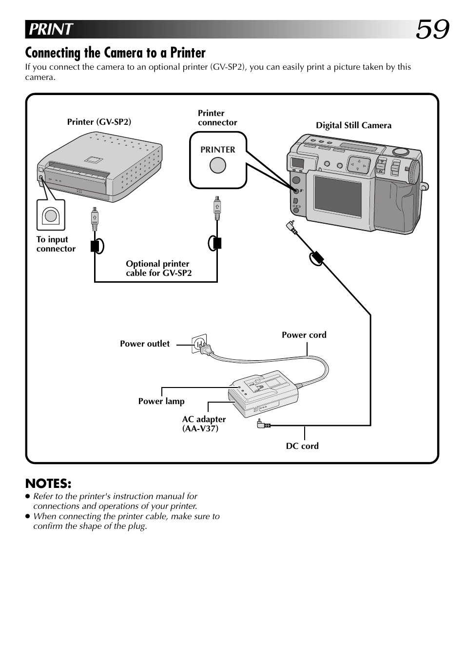 Print, Connecting the camera to a printer | JVC GC X 1 User Manual | Page 59 / 92