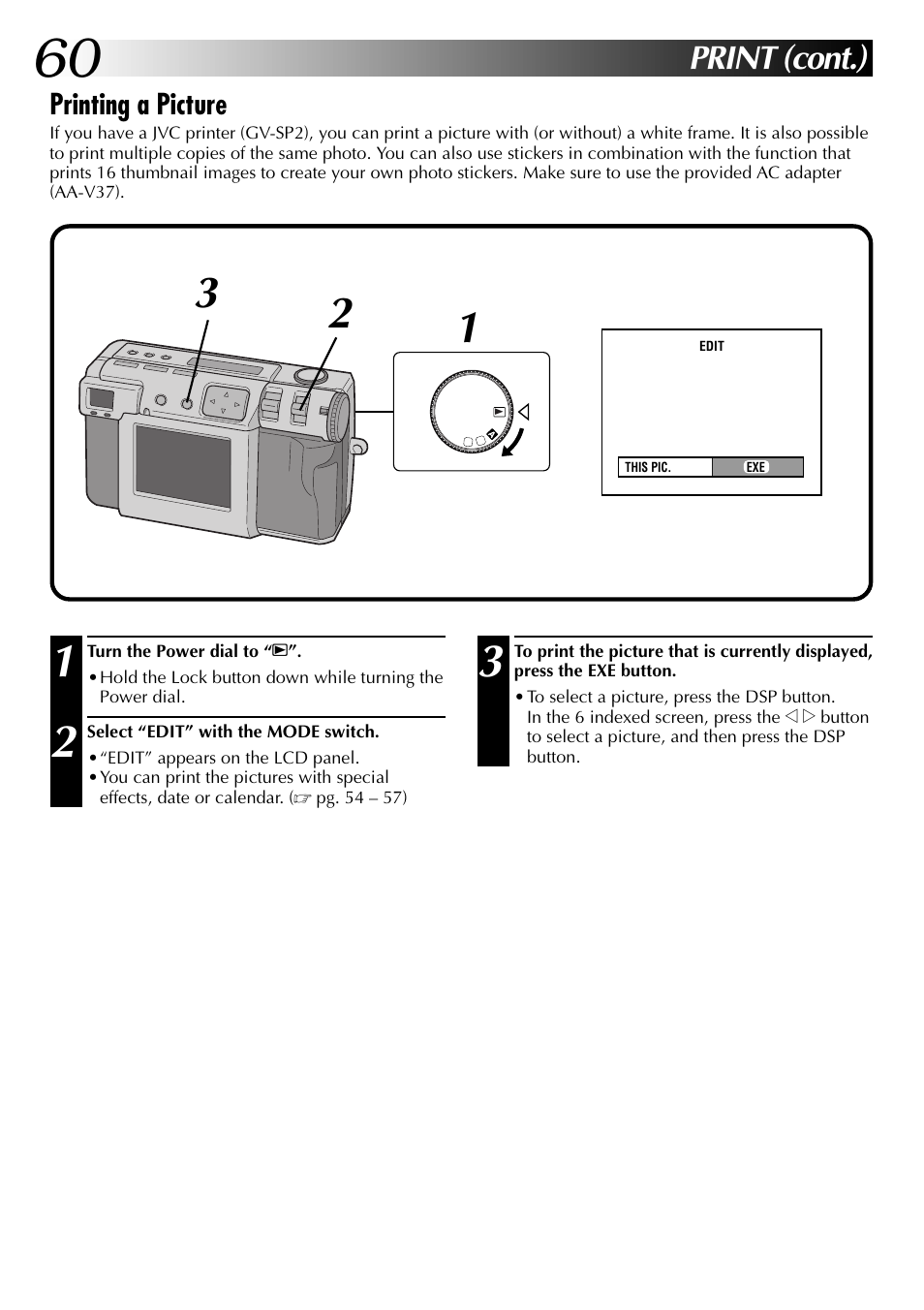 Print (cont.), Printing a picture | JVC GC X 1 User Manual | Page 60 / 92