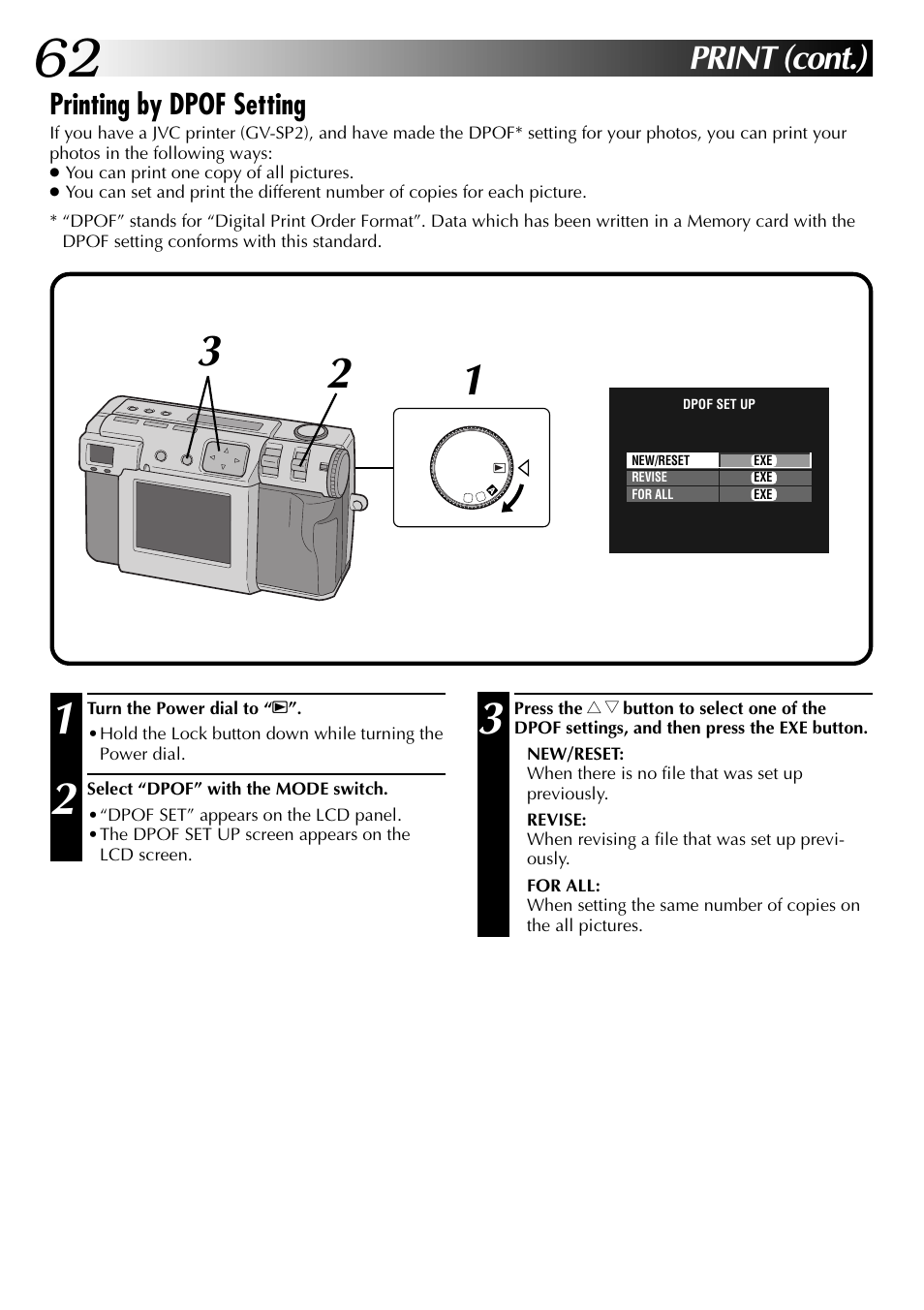 Print (cont.), Printing by dpof setting | JVC GC X 1 User Manual | Page 62 / 92