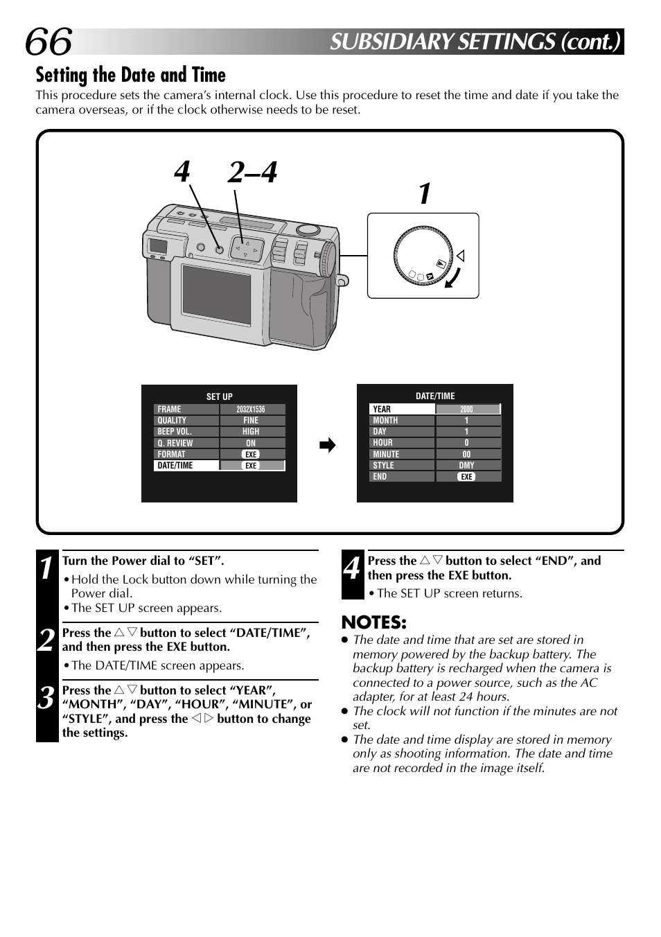 Subsidiary settings (cont.), Setting the date and time | JVC GC X 1 User Manual | Page 66 / 92