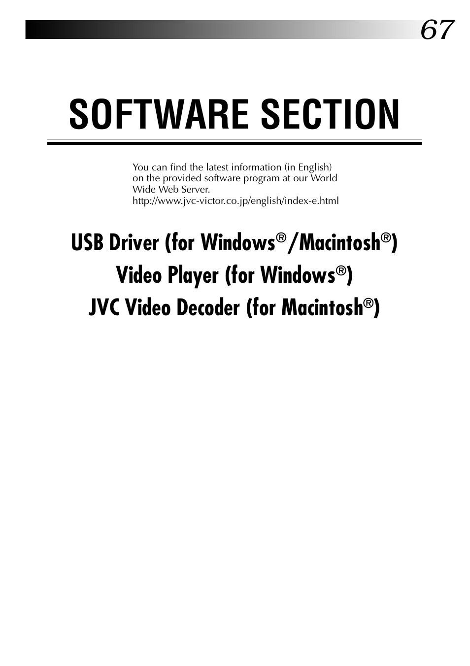 Usb driver (for windows, Macintosh, Video player (for windows | Jvc video decoder (for macintosh | JVC GC X 1 User Manual | Page 67 / 92