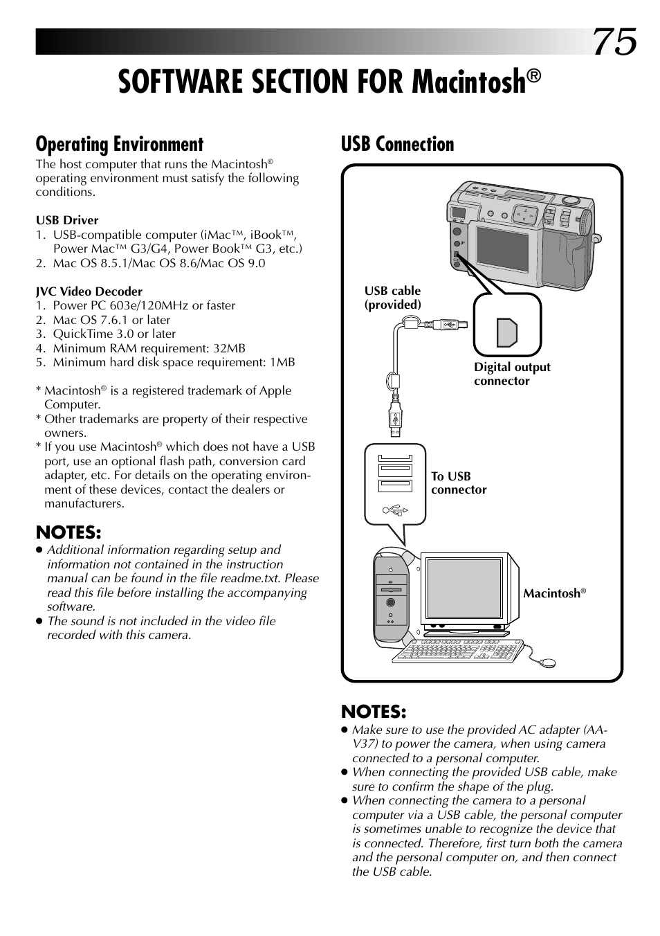 Operating environment, Usb connection | JVC GC X 1 User Manual | Page 75 / 92