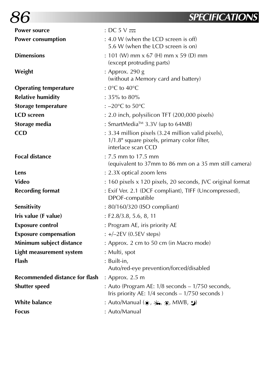 Specifications | JVC GC X 1 User Manual | Page 86 / 92