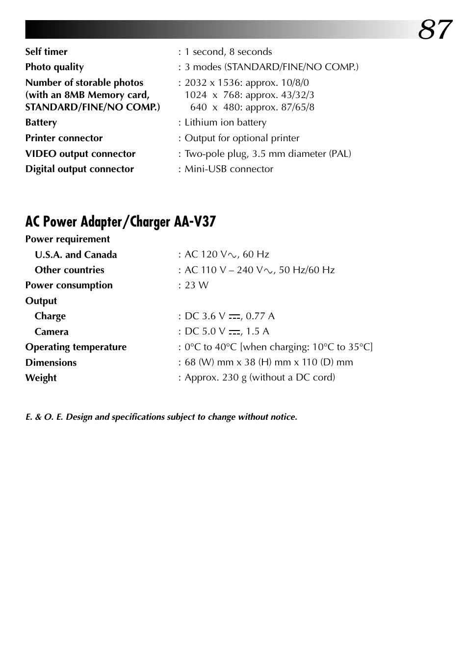 Ac power adapter/charger aa-v37 | JVC GC X 1 User Manual | Page 87 / 92