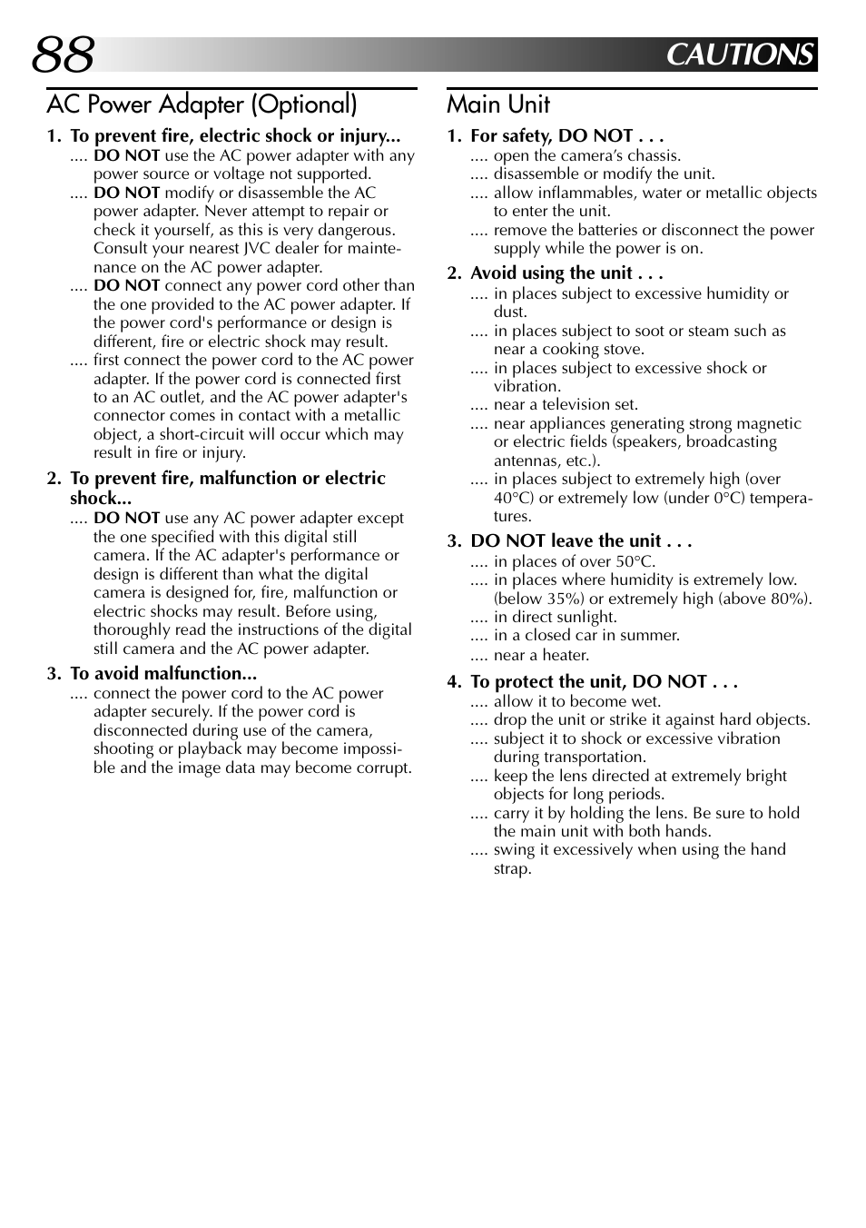 Cautions, Ac power adapter (optional), Main unit | JVC GC X 1 User Manual | Page 88 / 92