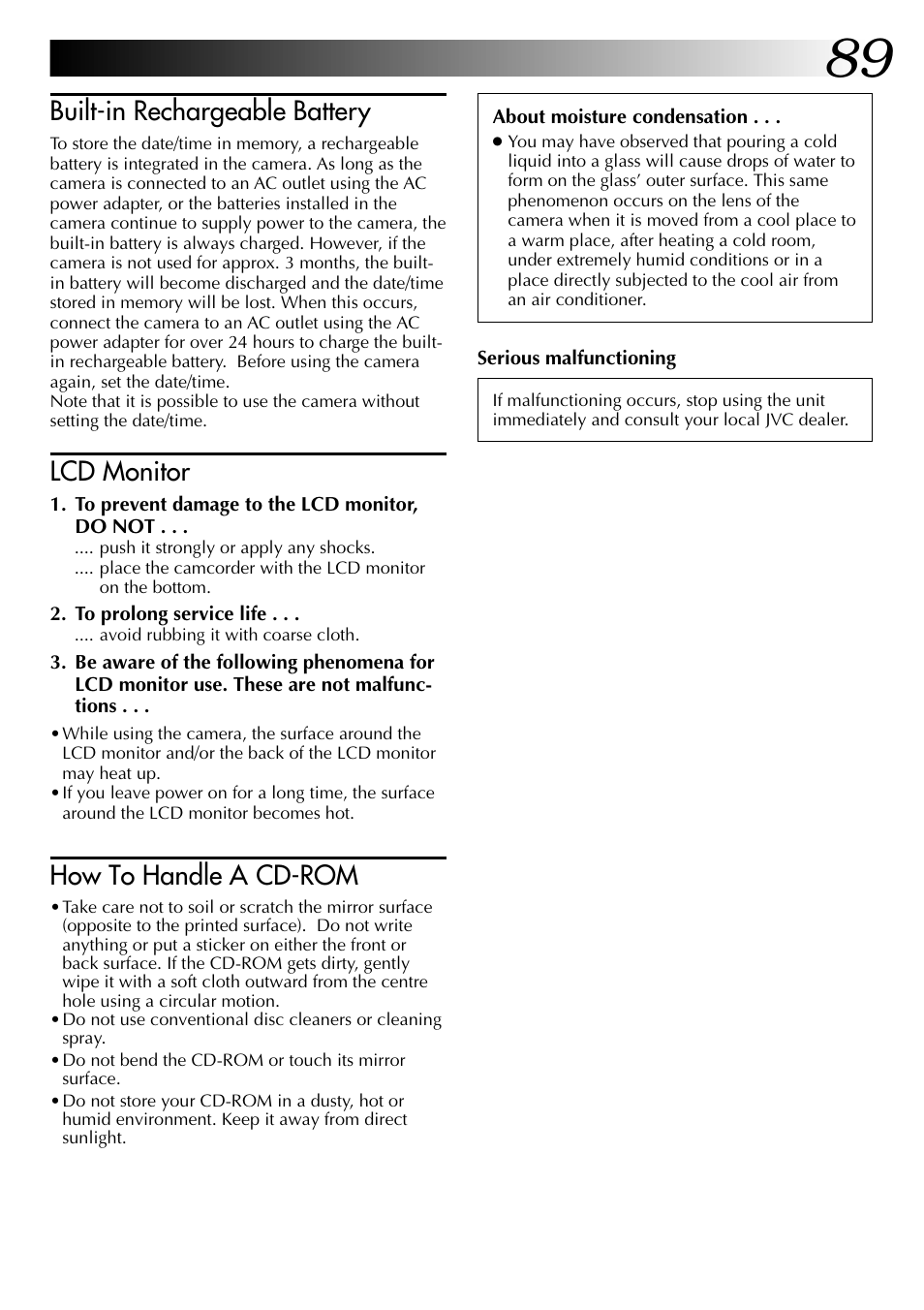 Built-in rechargeable battery, Lcd monitor, How to handle a cd-rom | JVC GC X 1 User Manual | Page 89 / 92