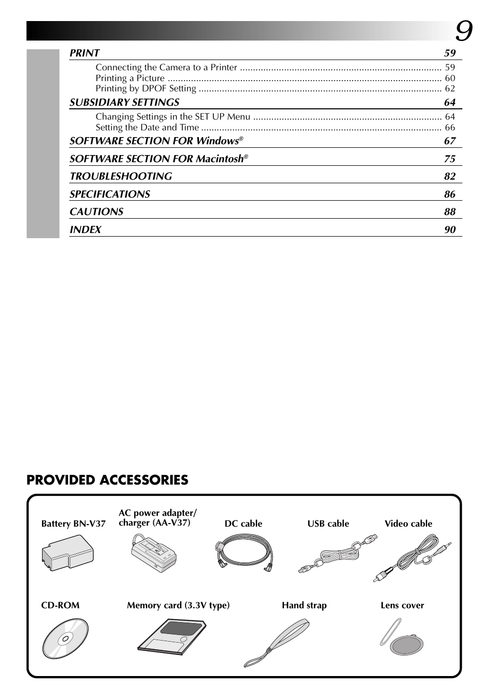 Provided accessories | JVC GC X 1 User Manual | Page 9 / 92