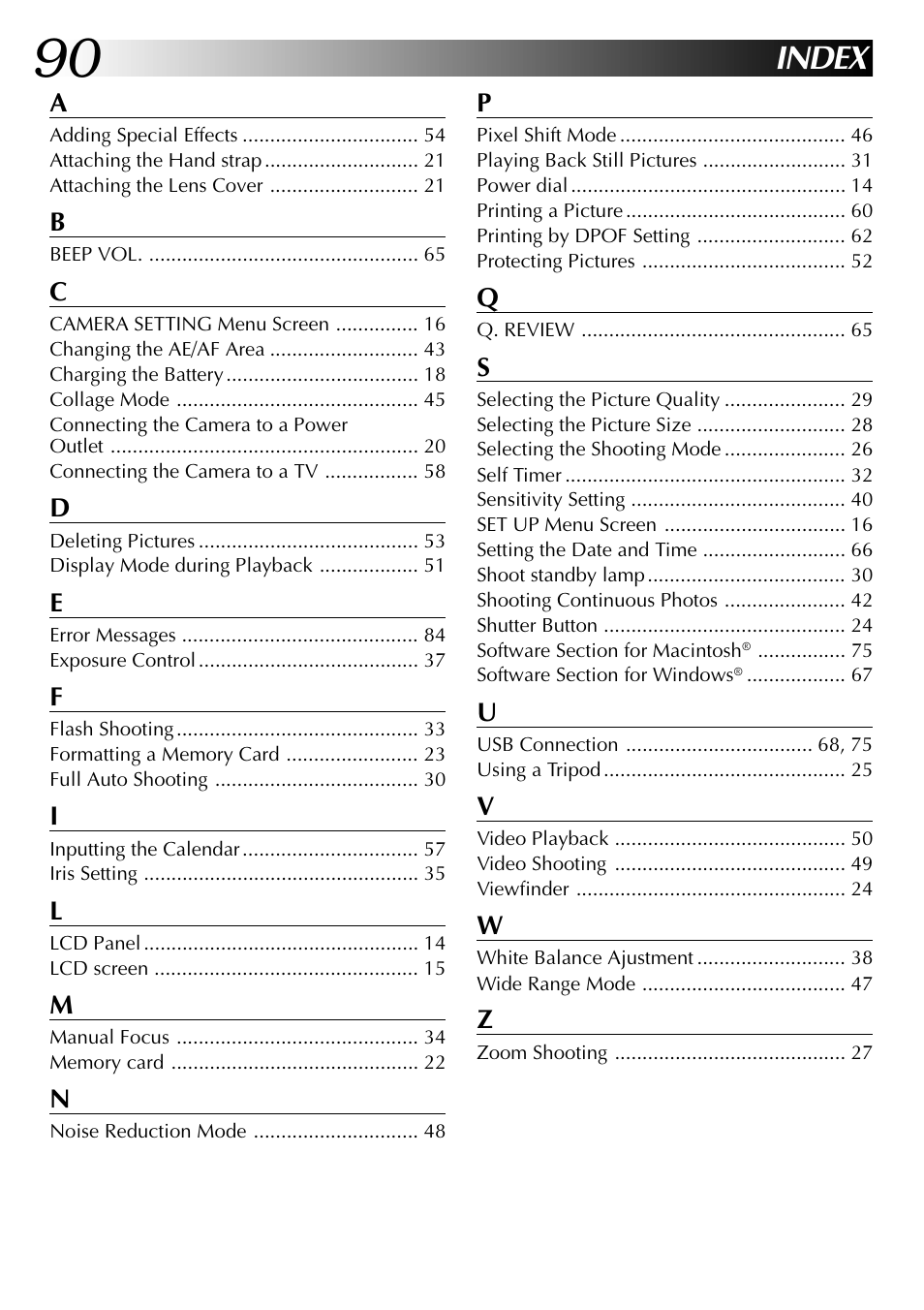 Index | JVC GC X 1 User Manual | Page 90 / 92