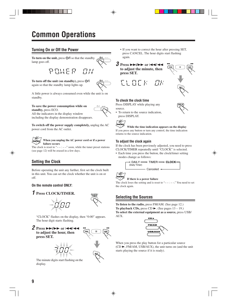 Common operations, Turning on or off the power, Setting the clock | Selecting the sources | JVC 0406KMMBICSAM User Manual | Page 12 / 30