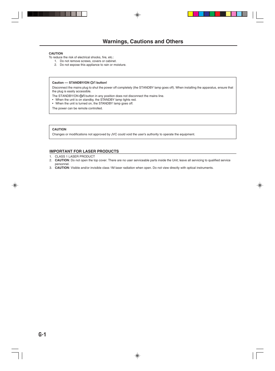 Warnings, cautions and others, G-1 warnings, cautions and others | JVC 0406KMMBICSAM User Manual | Page 2 / 30