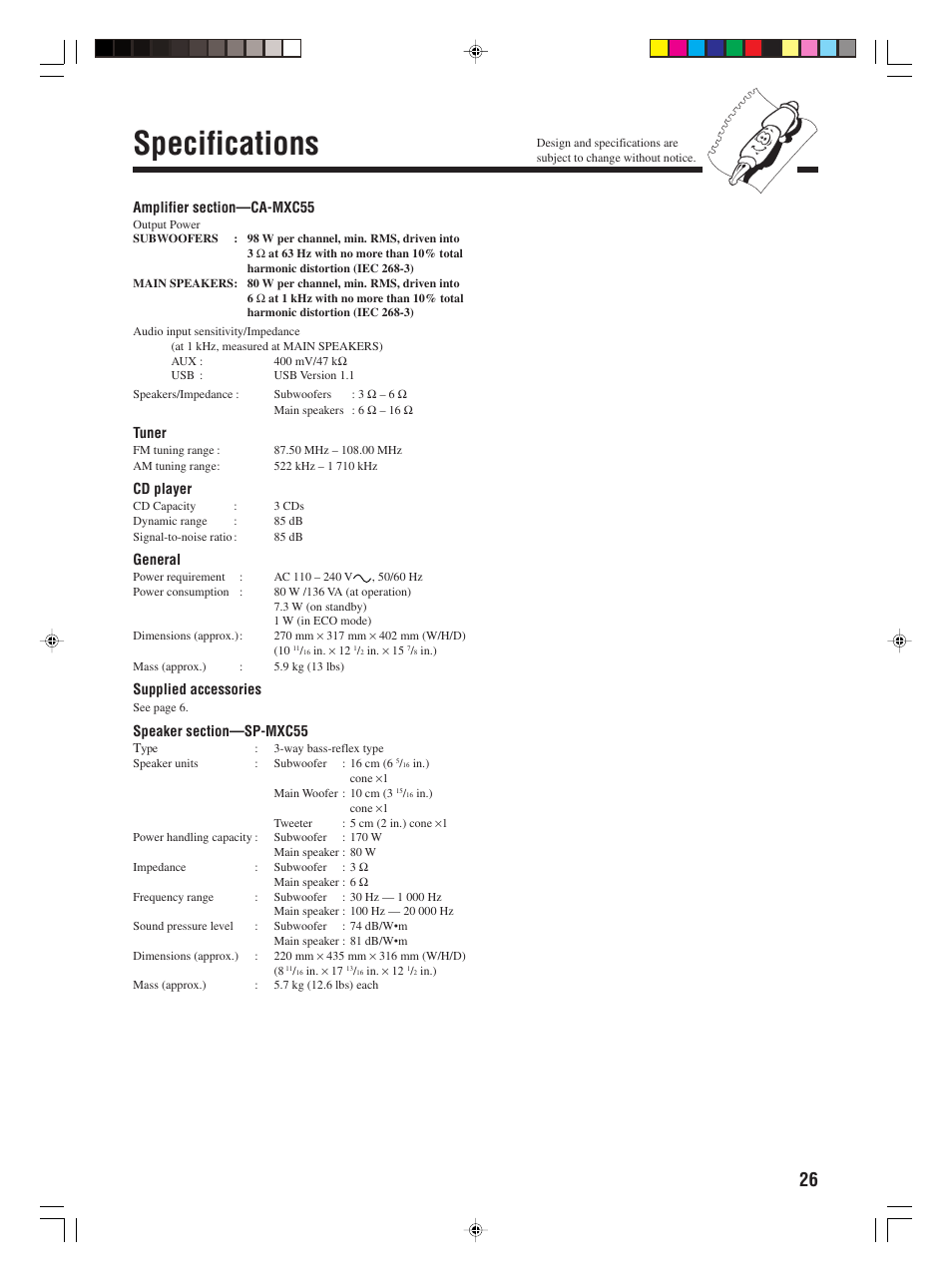 Specifications | JVC 0406KMMBICSAM User Manual | Page 29 / 30
