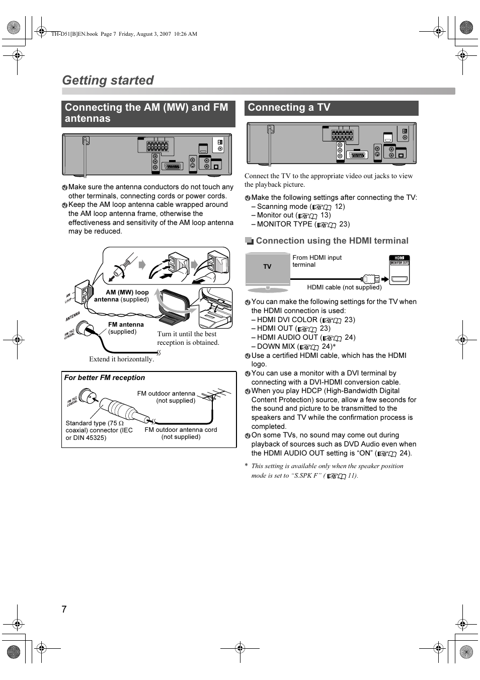 Connecting the am (mw) and fm antennas, Connecting a tv, Getting started | JVC XV-THD51 User Manual | Page 10 / 40