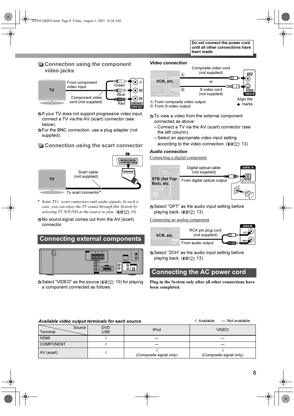 Connecting external components, Connecting the ac power cord, Connection using the component video jacks | Connection using the scart connector | JVC XV-THD51 User Manual | Page 11 / 40