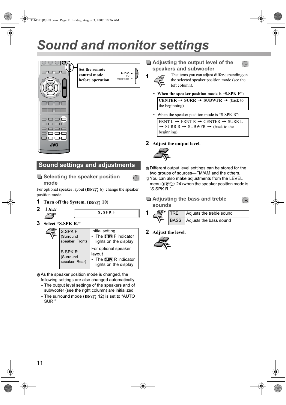 Sound and monitor settings, Sound settings and adjustments | JVC XV-THD51 User Manual | Page 14 / 40