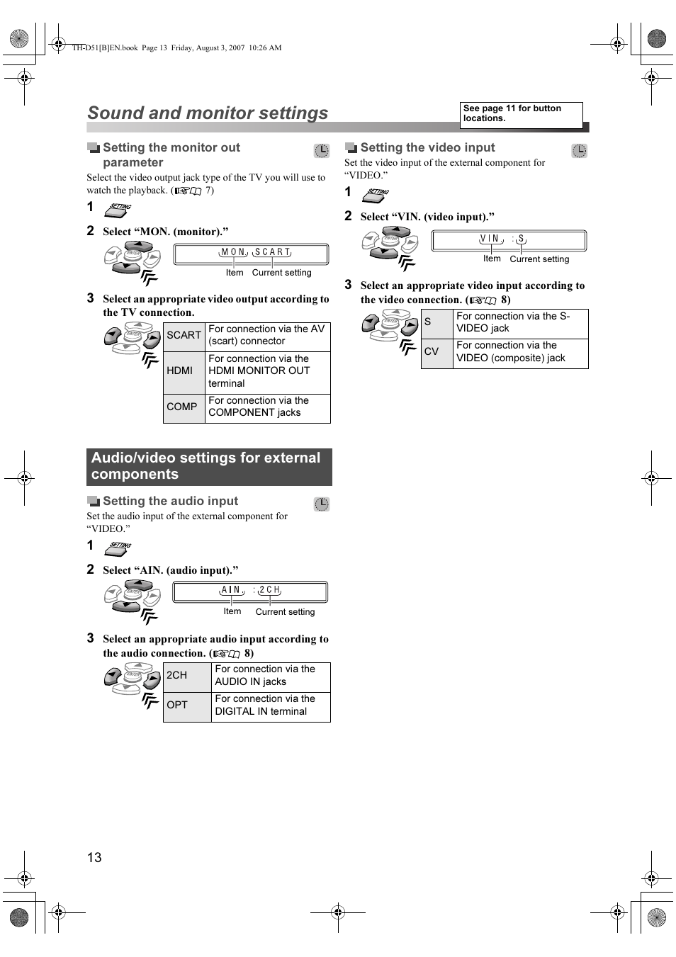 Audio/video settings for external components, Sound and monitor settings | JVC XV-THD51 User Manual | Page 16 / 40
