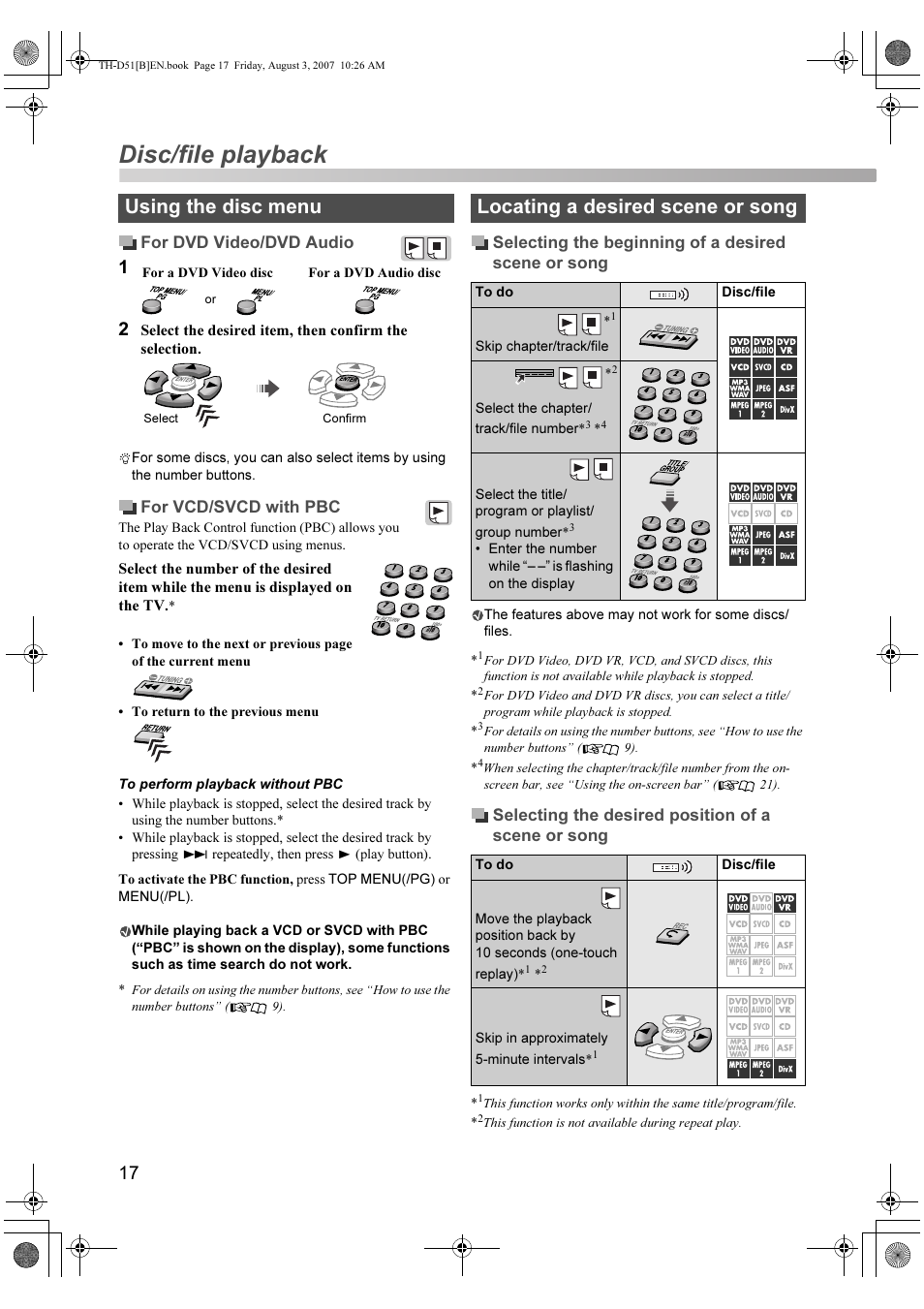 Using the disc menu, Locating a desired scene or song, Disc/file playback | JVC XV-THD51 User Manual | Page 20 / 40