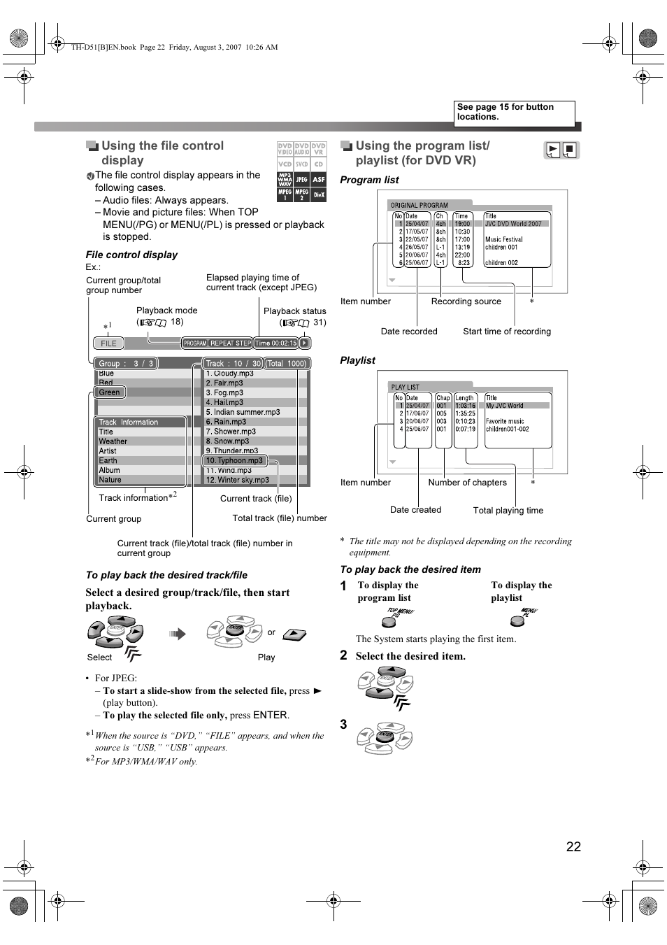 Using the file control display, Using the program list/ playlist (for dvd vr) | JVC XV-THD51 User Manual | Page 25 / 40