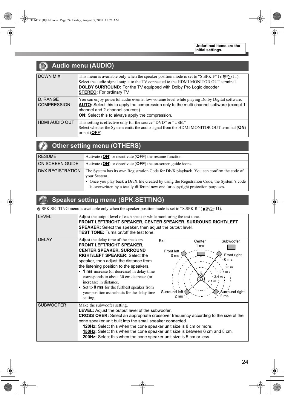 Audio menu (audio), Other setting menu (others), Speaker setting menu (spk.setting) | JVC XV-THD51 User Manual | Page 27 / 40