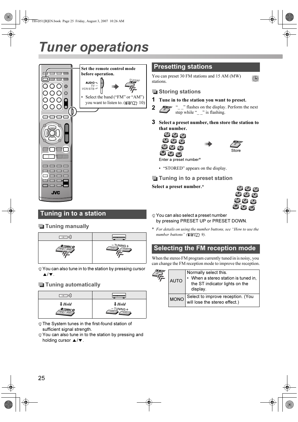 Tuner operations, Tuning in to a station, Presetting stations | Selecting the fm reception mode | JVC XV-THD51 User Manual | Page 28 / 40