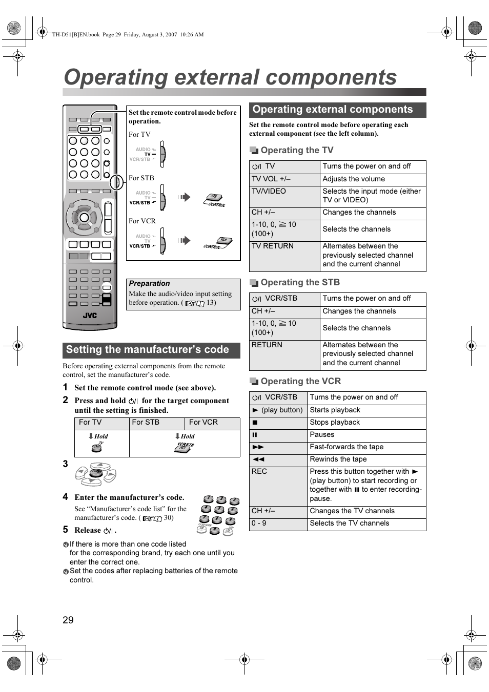 Operating external components, Setting the manufacturer’s code | JVC XV-THD51 User Manual | Page 32 / 40