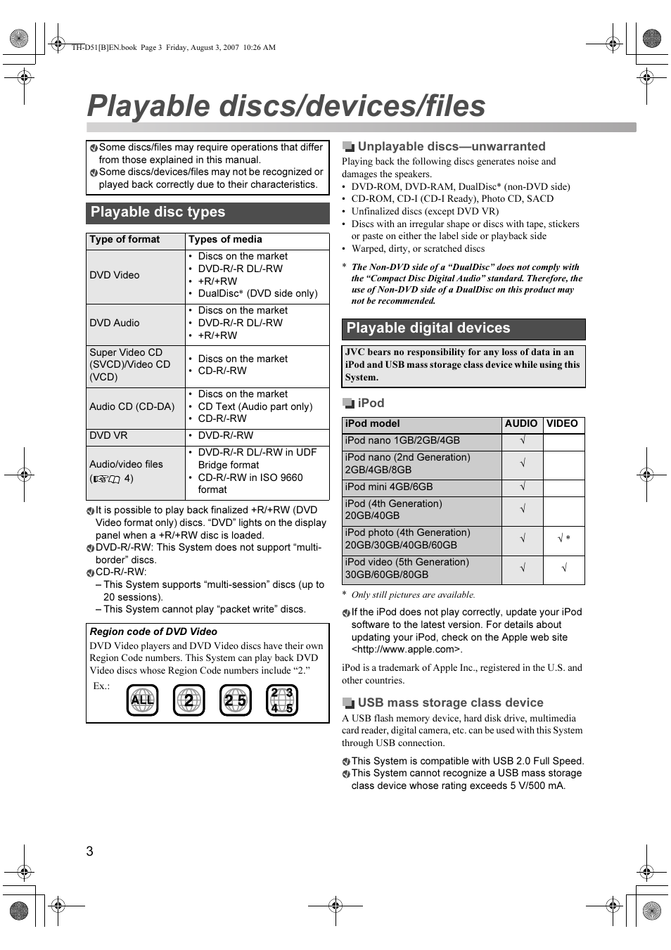 Playable discs/devices/files, Playable disc types, Playable digital devices | JVC XV-THD51 User Manual | Page 6 / 40