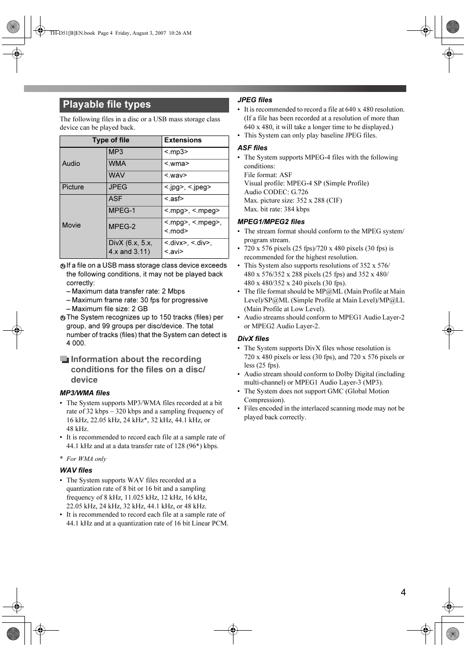 Playable file types | JVC XV-THD51 User Manual | Page 7 / 40
