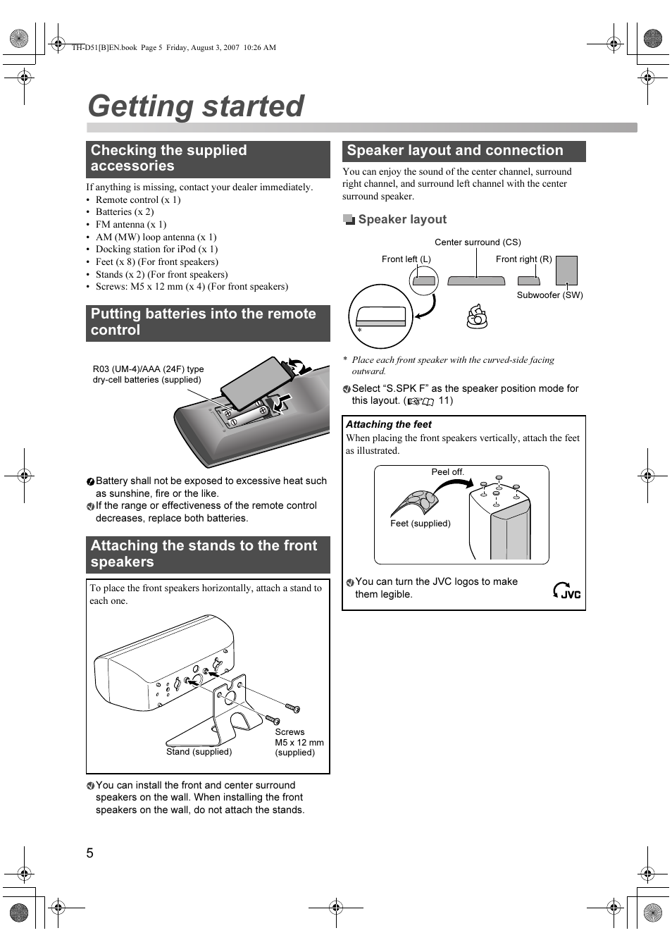 Getting started, Checking the supplied accessories, Putting batteries into the remote control | Attaching the stands to the front speakers, Speaker layout and connection | JVC XV-THD51 User Manual | Page 8 / 40