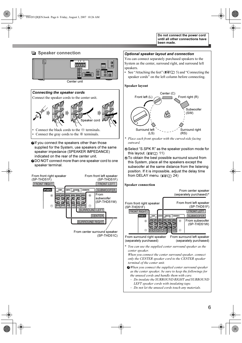 Speaker connection | JVC XV-THD51 User Manual | Page 9 / 40