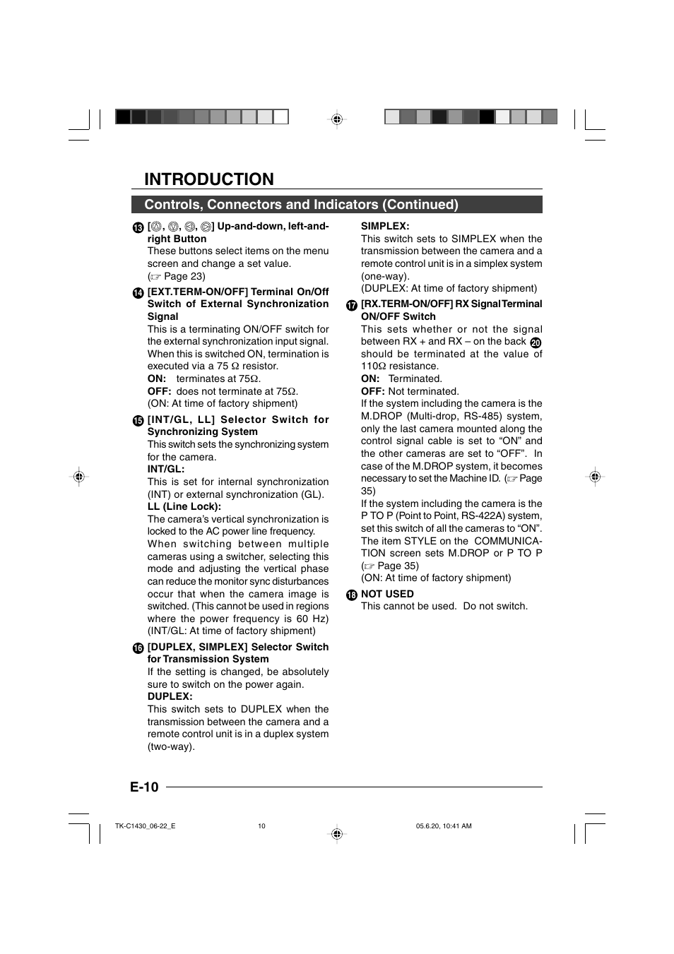 Introduction, E-10, Controls, connectors and indicators (continued) | JVC TK-C1430 User Manual | Page 10 / 44