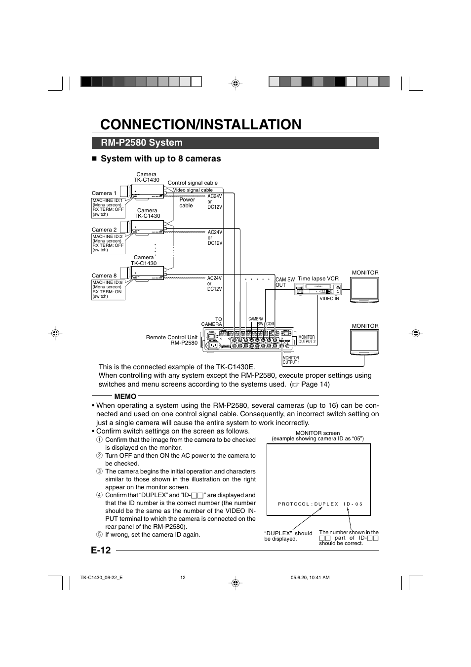 Connection/installation, Rm-p2580 system, E-12 | System with up to 8 cameras | JVC TK-C1430 User Manual | Page 12 / 44