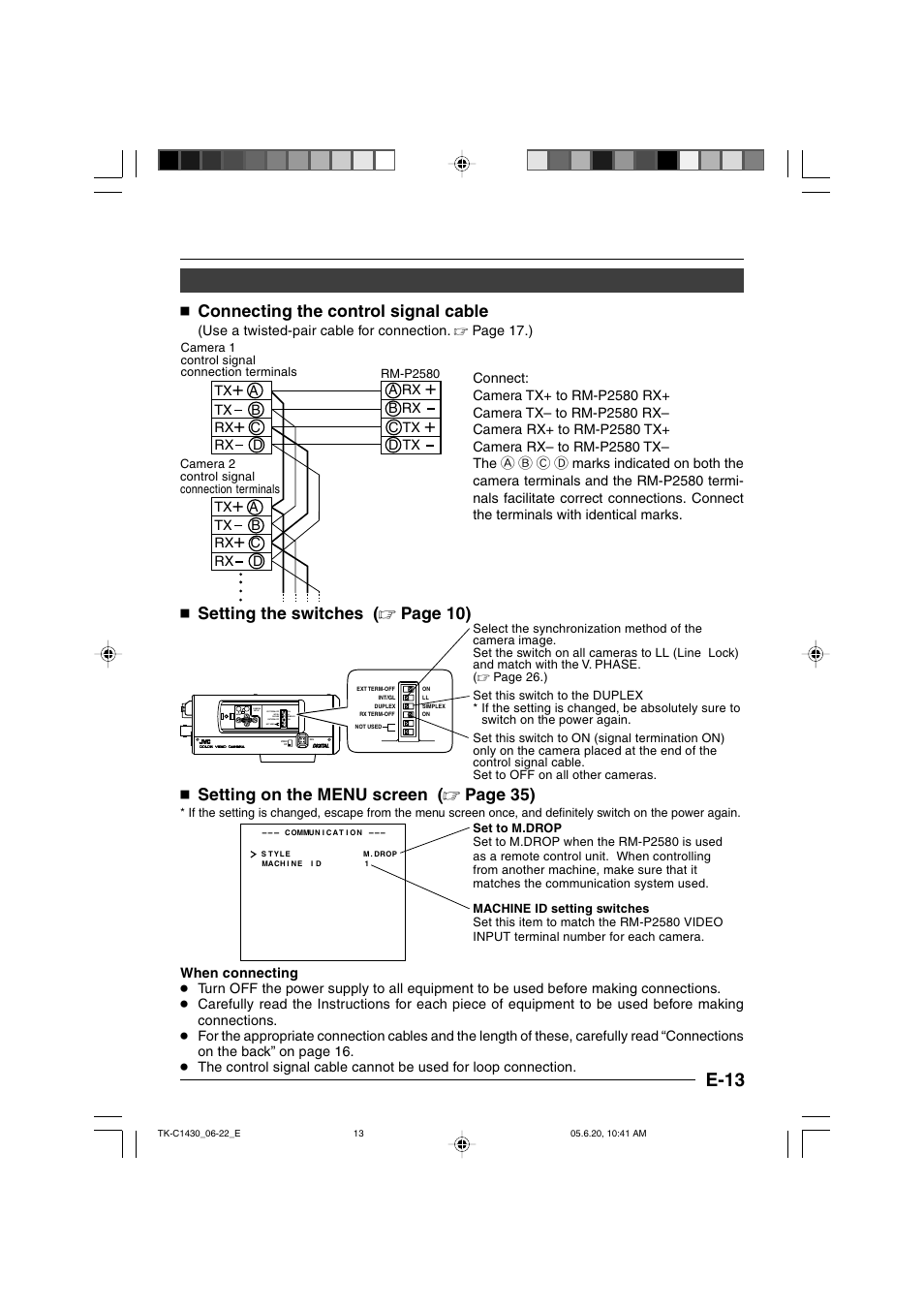 E-13, Connecting the control signal cable, Setting the switches ( ੬ page 10) | Setting on the menu screen ( ੬ page 35) | JVC TK-C1430 User Manual | Page 13 / 44