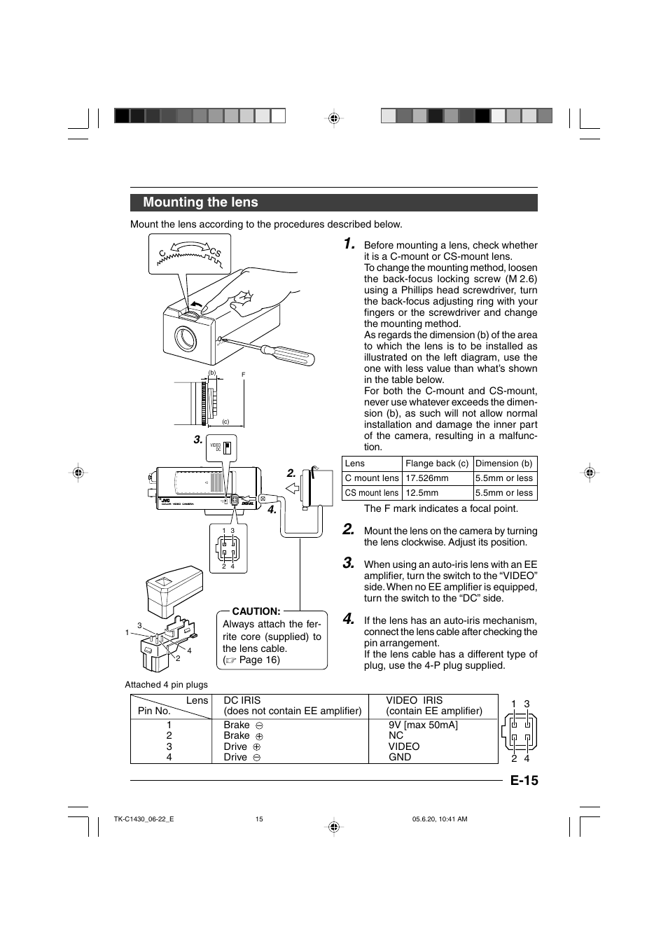 Mounting the lens, E-15 mounting the lens | JVC TK-C1430 User Manual | Page 15 / 44