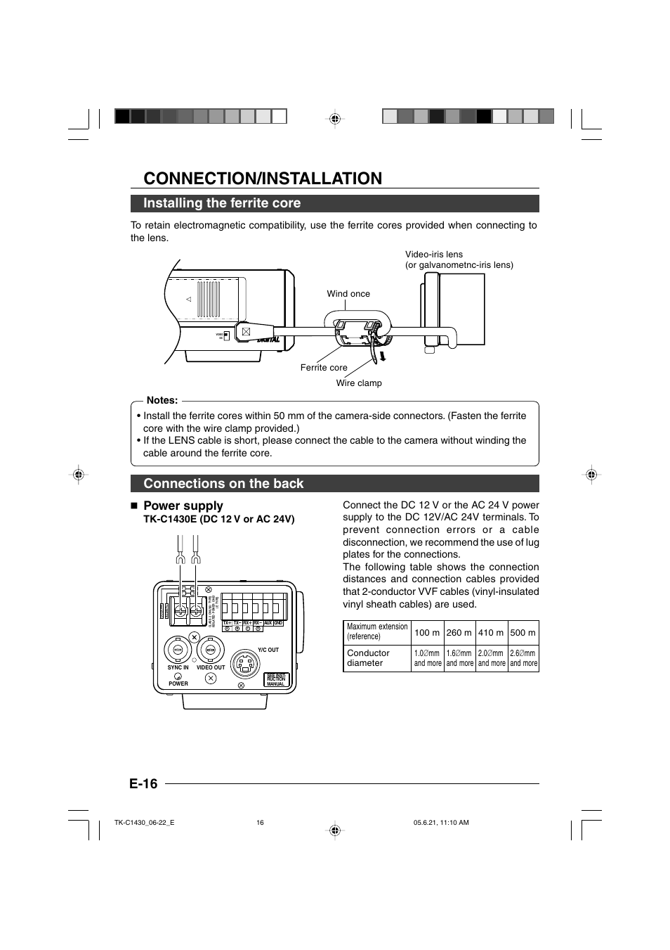 Installing the ferrite core, Connections on the back, Connection/installation | E-16, Power supply | JVC TK-C1430 User Manual | Page 16 / 44